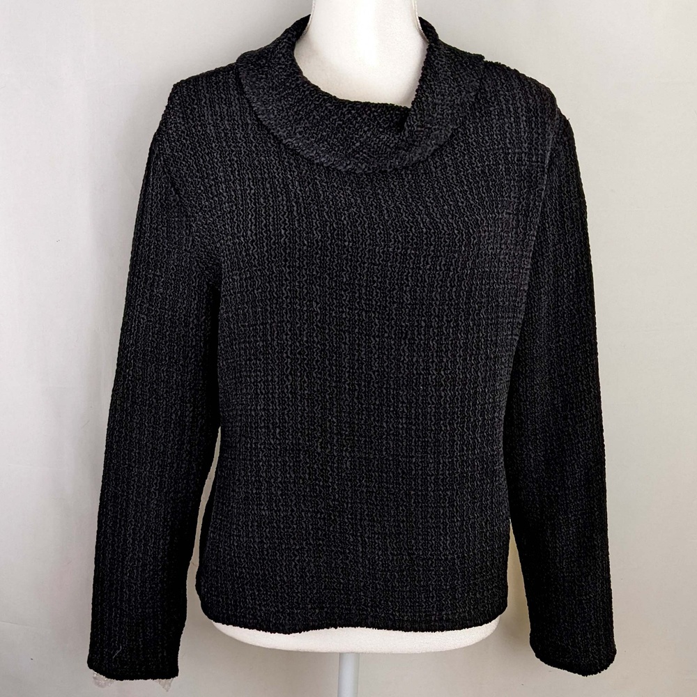 Allie Coosh Textured Black Knit Cowl Neck Women's L Pullover Top
